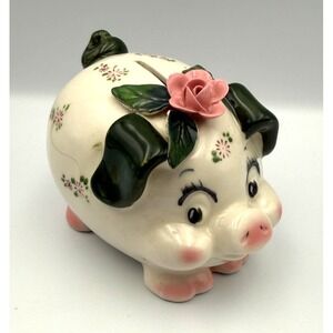Lefton Piggy Bank w/Pink Rose Nursery Anthropomorphic Decor